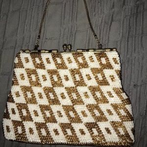 Vintage PURSE Handbag Beading Gold/White & Lined + golden metal Glamorous NM